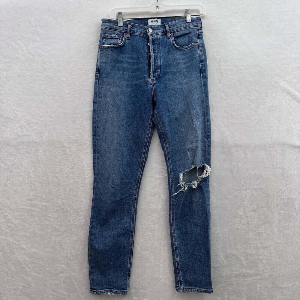 Agolde Nico Jeans Womens 27 (32x25) Blue High Rise Slim Straight Leg Distressed